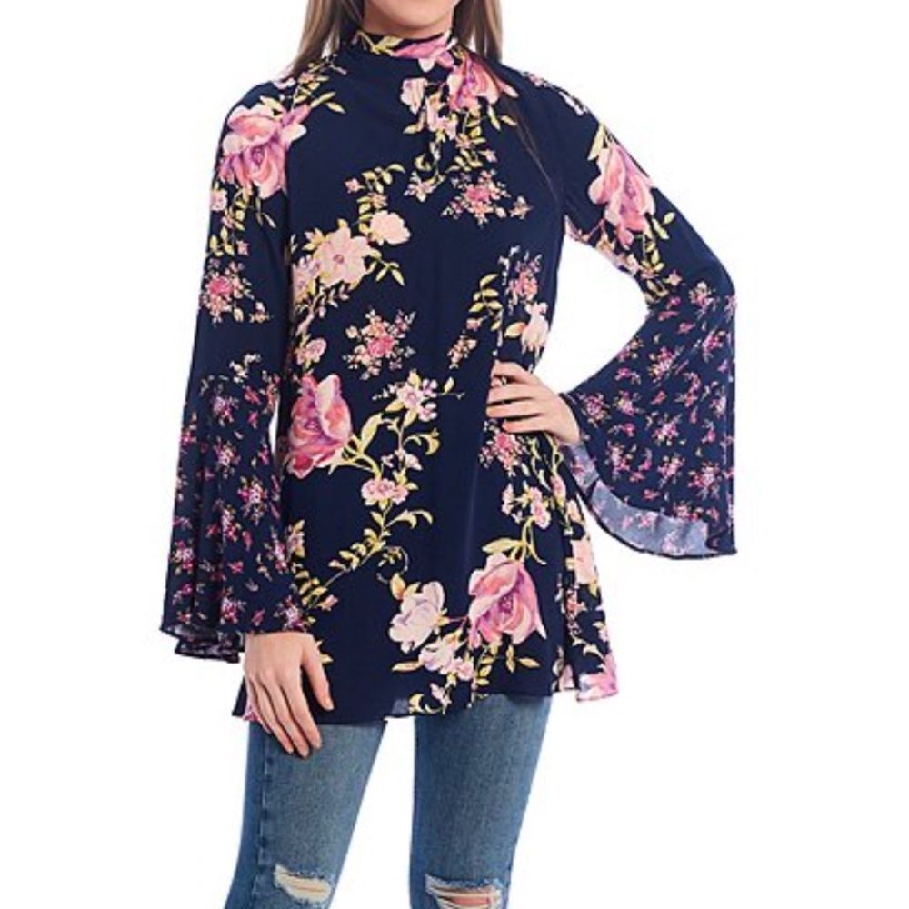 - Free People Tate Floral Print Mock Neck Bell Sleev